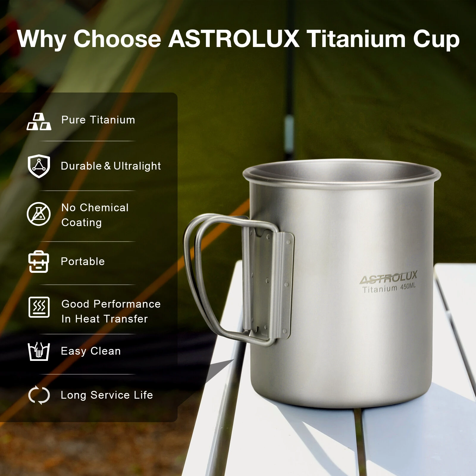 (image for) Astrolux® Ti-M1 Titanium Mug Titanium Pot Lightweight Camping Pot Titanium Cup Titanium Backpacking Pot with Portable Foldable Handles for Outdoor Camping Hiking Backpacking