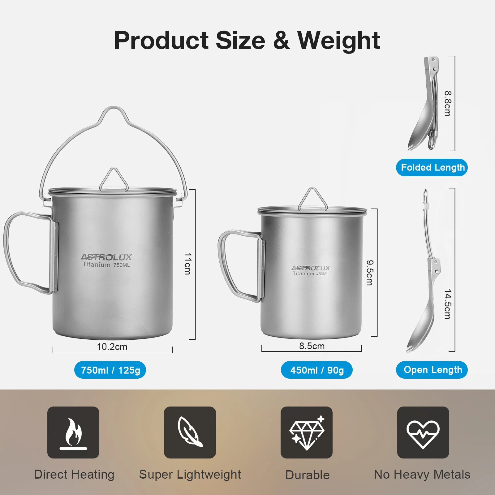 (image for) Astrolux® Ti-M1 Titanium Mug Titanium Pot Lightweight Camping Pot Titanium Cup Titanium Backpacking Pot with Portable Foldable Handles for Outdoor Camping Hiking Backpacking